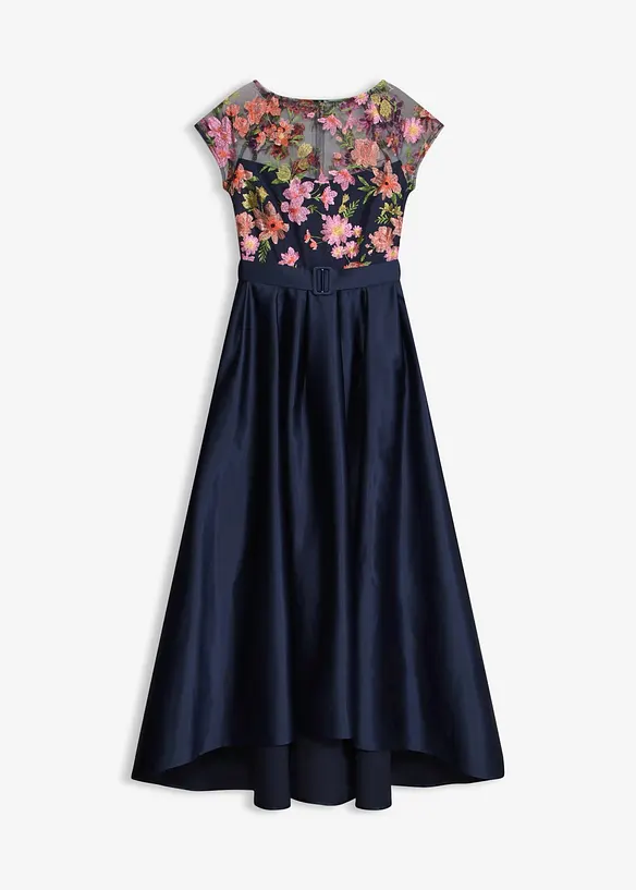 Maxikjole i blank sateng med blonder, bonprix