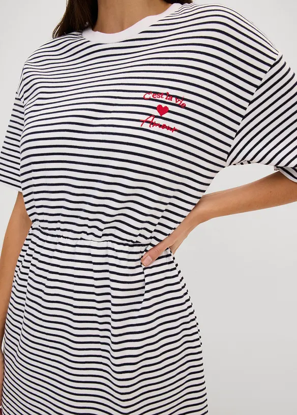Stripete jerseykjole med broderi, bonprix