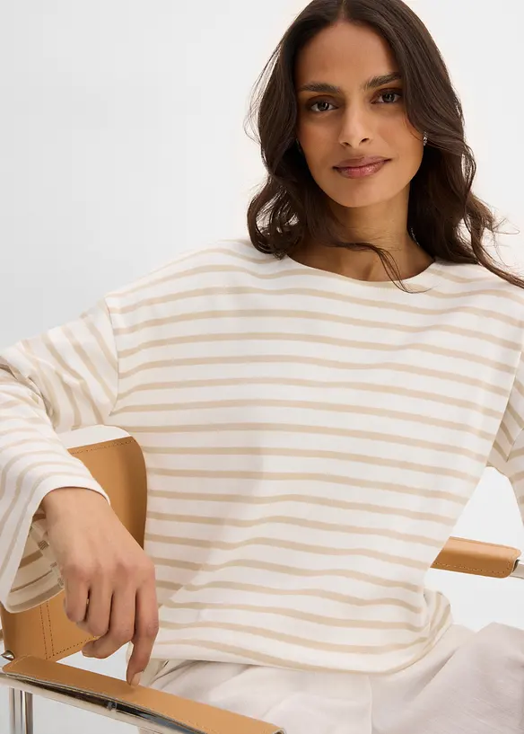 Stripete, langermet topp i &oslash;kologisk bomull, bonprix