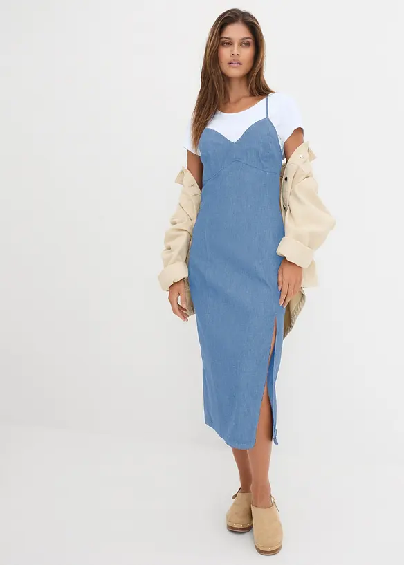 Denimkjole med splitt, bonprix