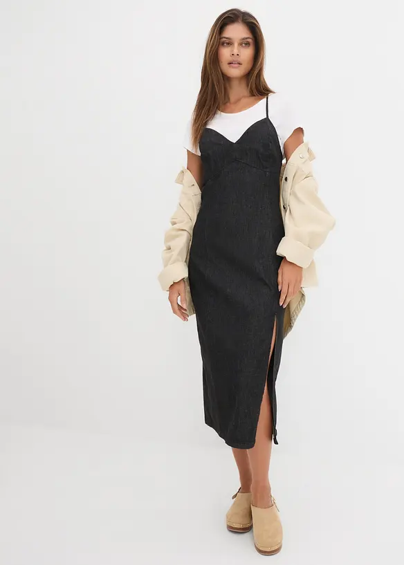 Denimkjole med splitt, bonprix