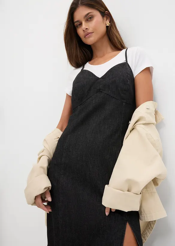Denimkjole med splitt, bonprix