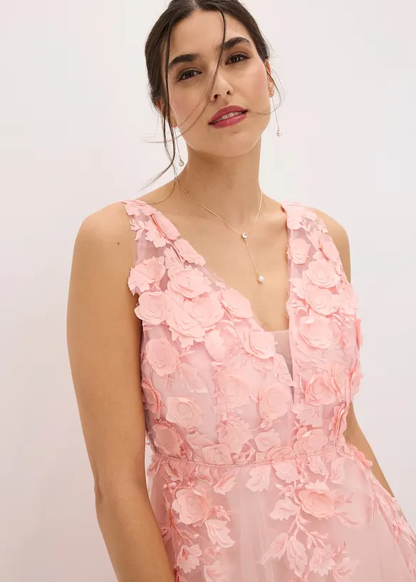 Maxikjole i fin tyll med applikerte blomster, bonprix