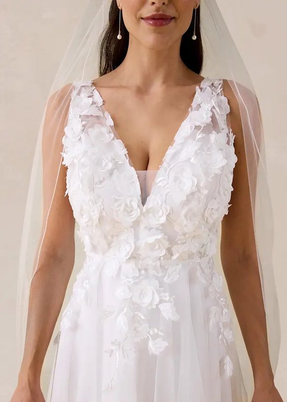 Maxikjole i fin tyll med applikerte blomster, bonprix