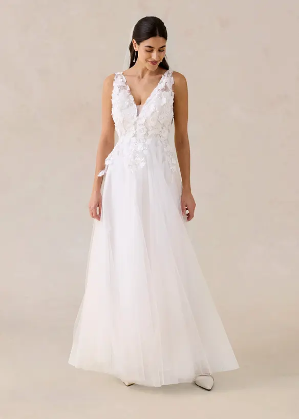 Maxikjole i fin tyll med applikerte blomster, bonprix