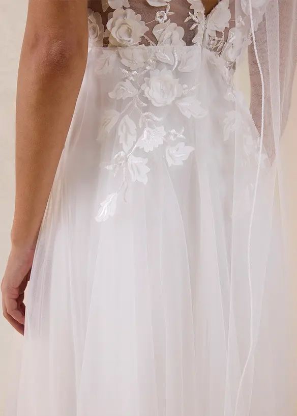 Maxikjole i fin tyll med applikerte blomster, bonprix