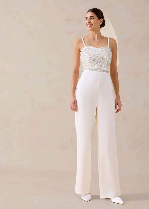 Jumpsuit i strukturert krepp med perlebroderier, bonprix
