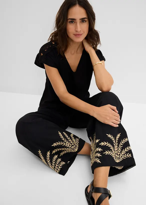 Vid bukse med broderi, bonprix