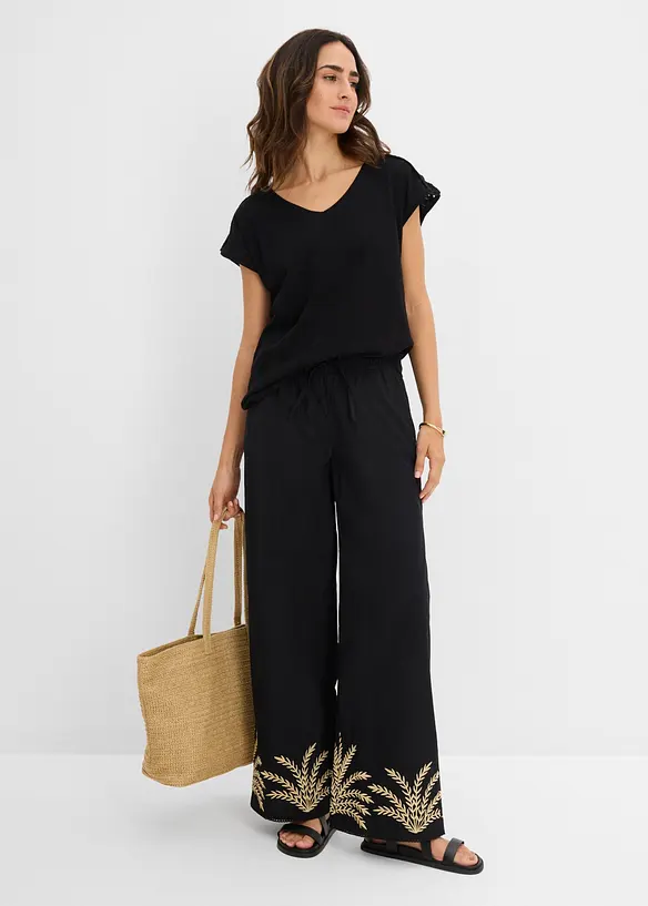 Vid bukse med broderi, bonprix