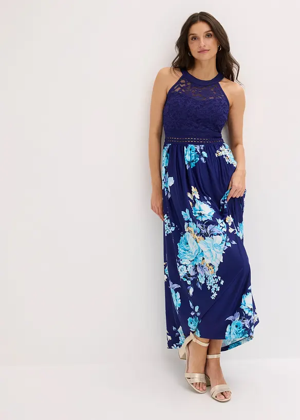 Maxi-sommerkjole med blomstertrykk og blonder, bonprix