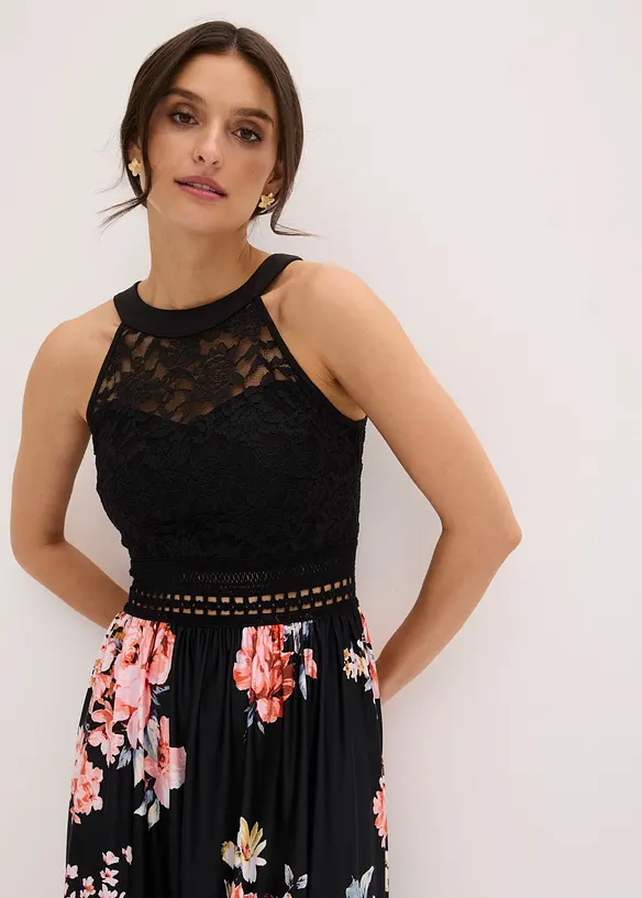 Maxi-sommerkjole med blomstertrykk og blonder, bonprix