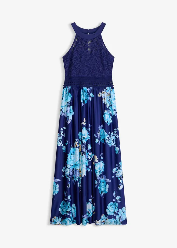 Maxi-sommerkjole med blomstertrykk og blonder, bonprix