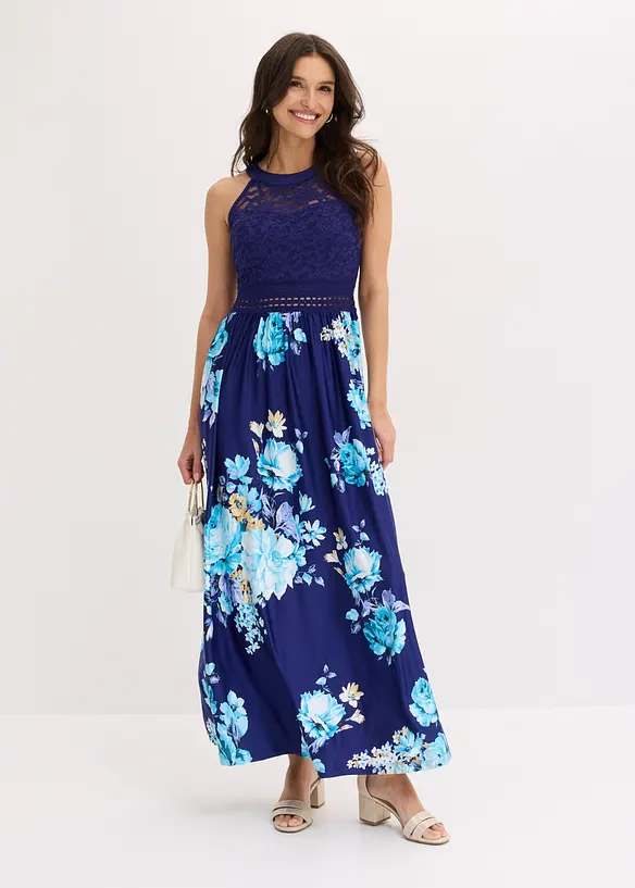 Maxi-sommerkjole med blomstertrykk og blonder, bonprix