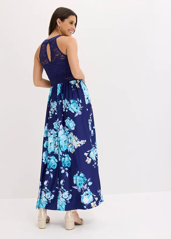 Maxi-sommerkjole med blomstertrykk og blonder, bonprix