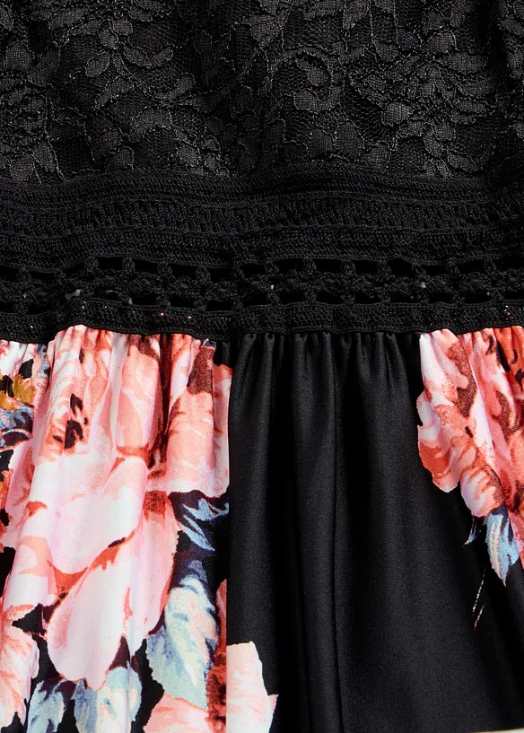 Maxi-sommerkjole med blomstertrykk og blonder, bonprix