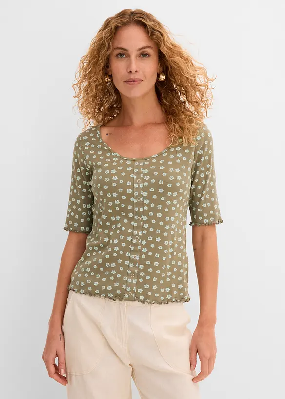 Ribbet topp med blomsterm&oslash;nster, kortermet, bonprix