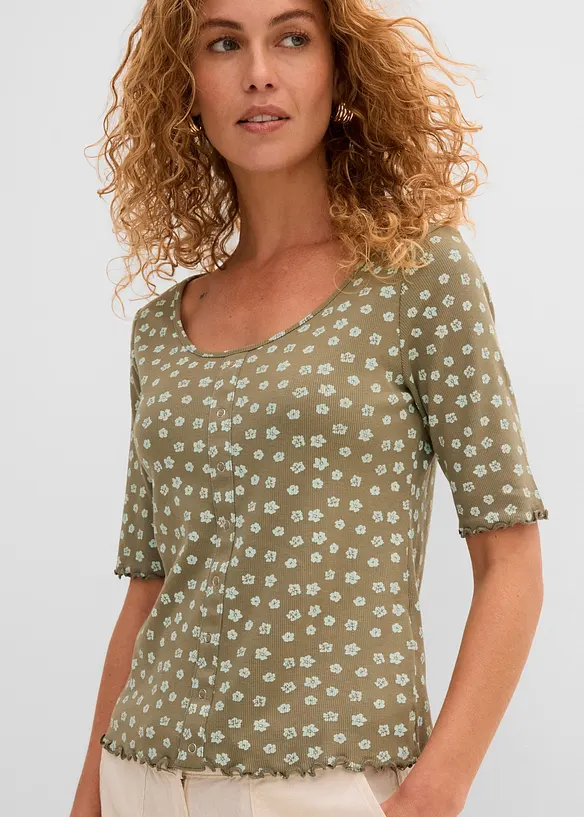 Ribbet topp med blomsterm&oslash;nster, kortermet, bonprix