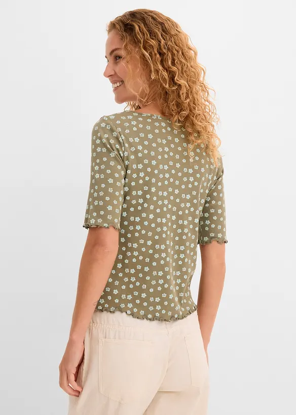 Ribbet topp med blomsterm&oslash;nster, kortermet, bonprix