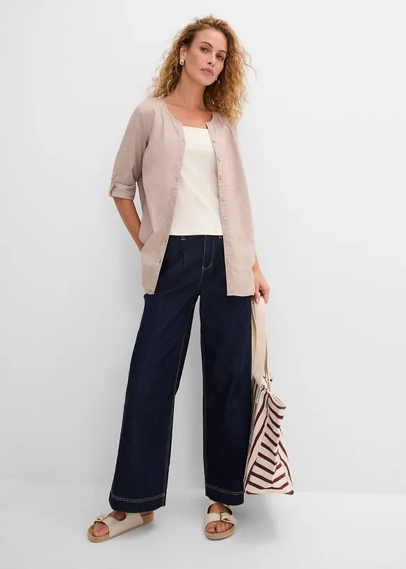 Bluse med lin og 3/4-lange ermer, bonprix