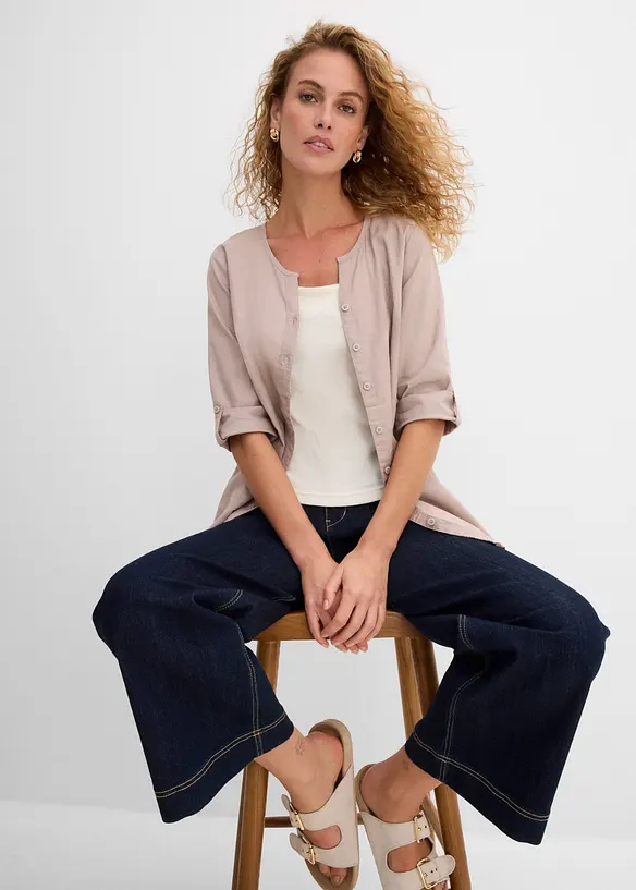 Bluse med lin og 3/4-lange ermer, bonprix