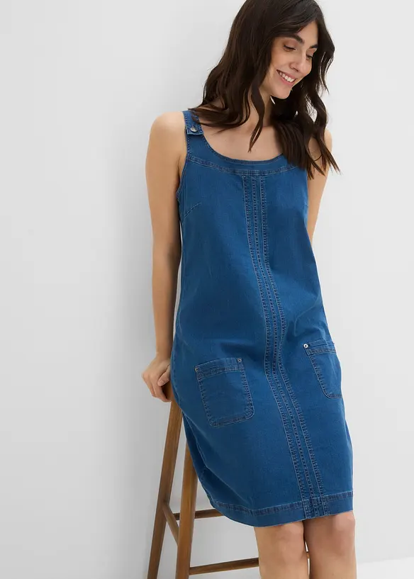 Knelang kjole i bomullsdenim med seler, bonprix