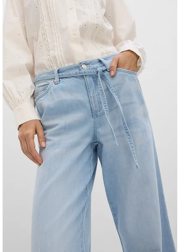 Wide Leg-jeans, Mid Waist, med belte, bonprix