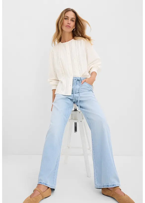 Wide Leg-jeans, Mid Waist, med belte, bonprix