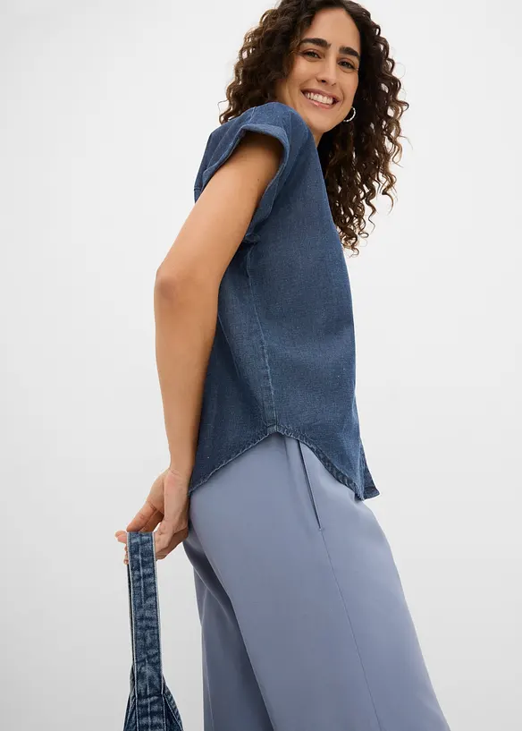 Kortermet denimskjorte med lin, bonprix