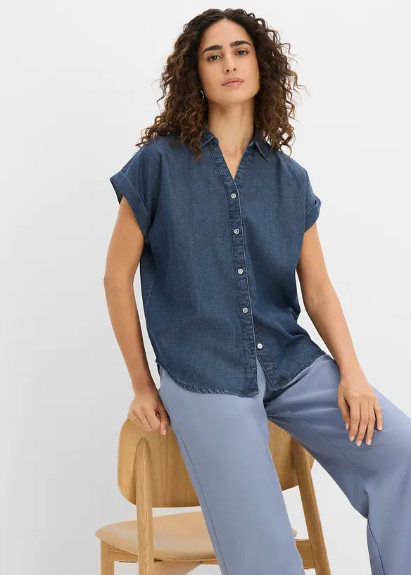 Kortermet denimskjorte med lin, bonprix