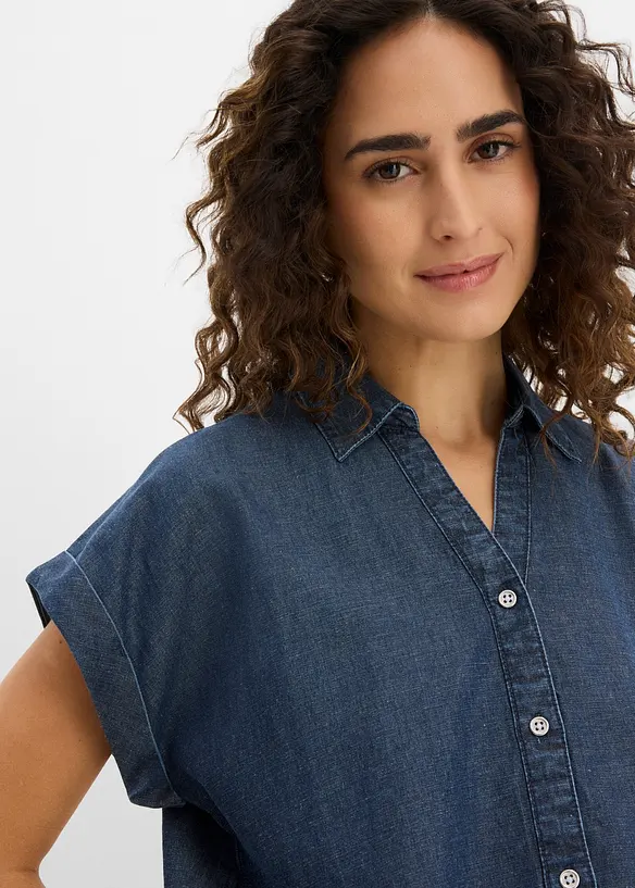 Kortermet denimskjorte med lin, bonprix