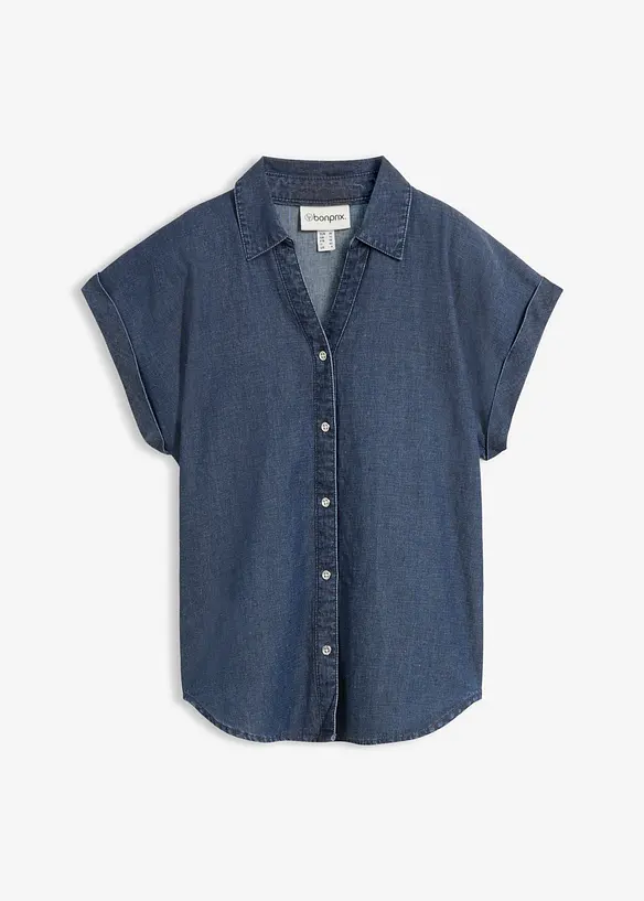 Kortermet denimskjorte med lin, bonprix
