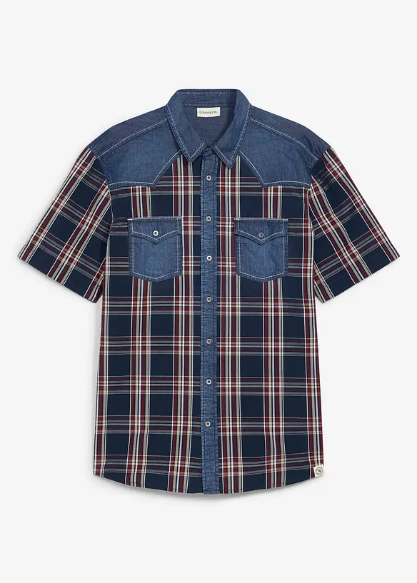 Kortermet skjorte i bomull med denim-besetning, bonprix