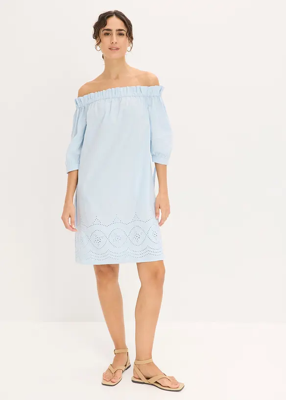 Off shoulder-kjole i 100% bomull med hullbroderi, bonprix