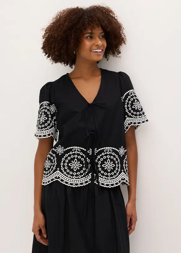 Bluse i 100% bomull med hullbroderier, bonprix