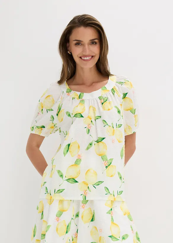 Bomullsbluse med korte ballongermer, bonprix