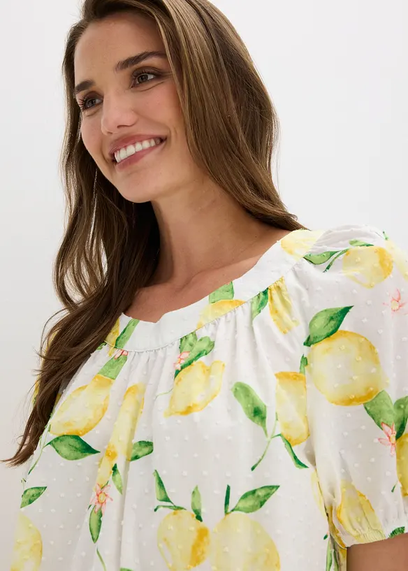 Bomullsbluse med korte ballongermer, bonprix