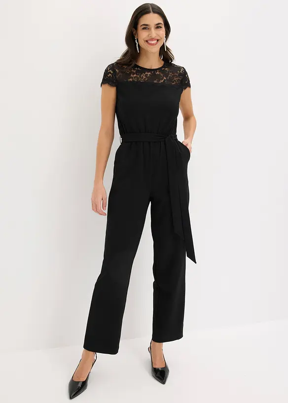 Jumpsuit i fin jersey med blonder, bonprix