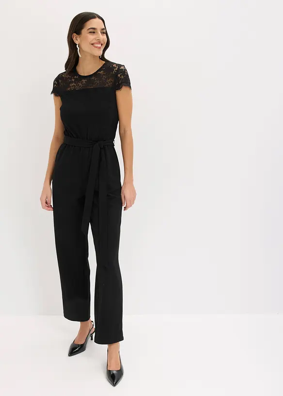 Jumpsuit i fin jersey med blonder, bonprix