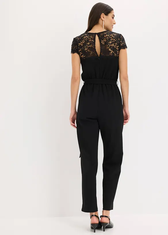 Jumpsuit i fin jersey med blonder, bonprix