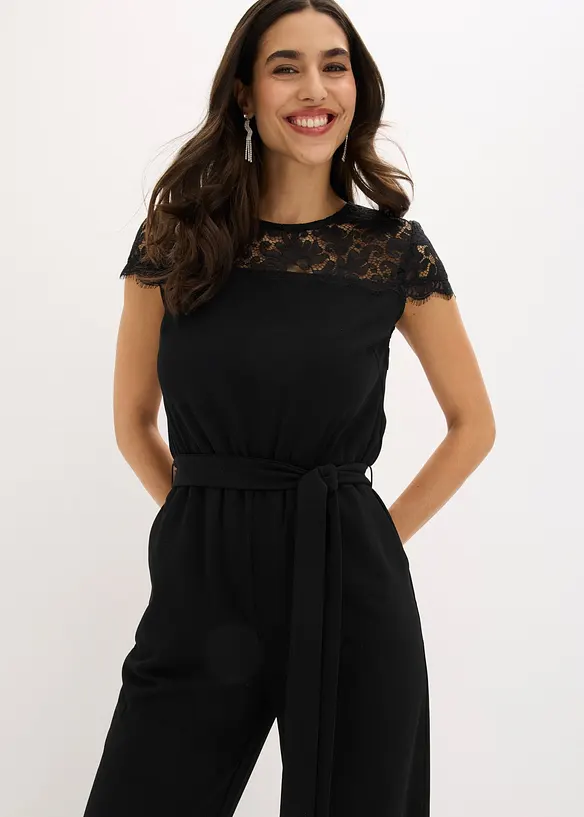 Jumpsuit i fin jersey med blonder, bonprix