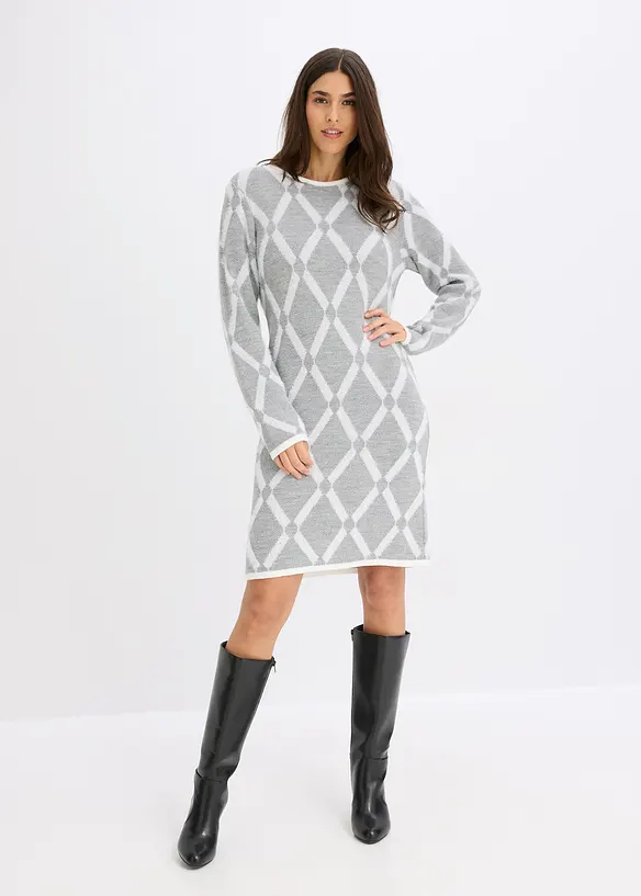 Strikket kjole i fj&aelig;rgarn med rombem&oslash;nster, bonprix