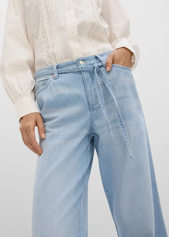 Wide Leg-jeans, Mid Waist, med belte, bonprix