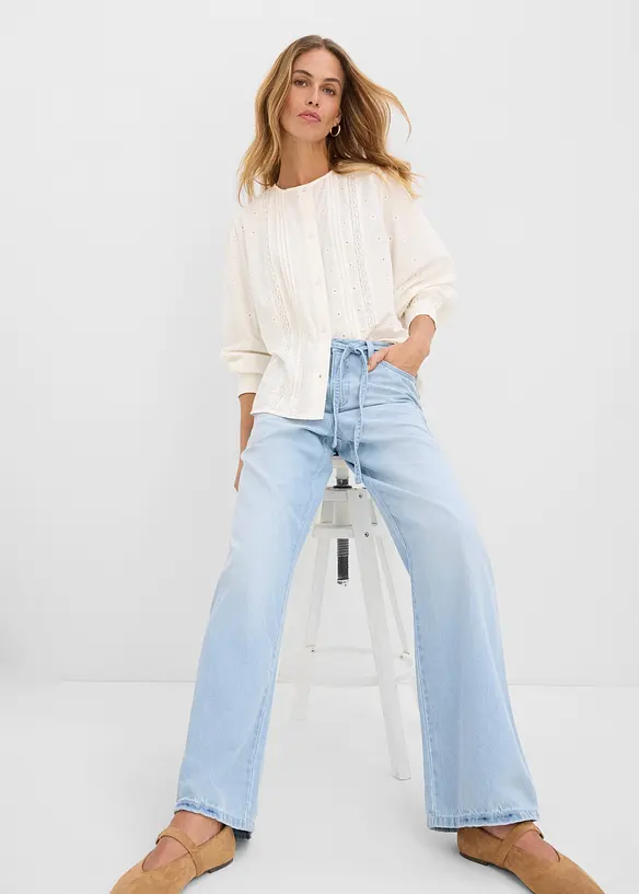 Wide Leg-jeans, Mid Waist, med belte, bonprix