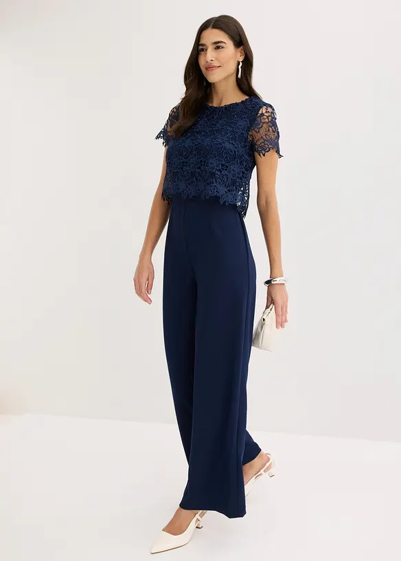 Jumpsuit i mykt scuba-materiale med blonder, bonprix