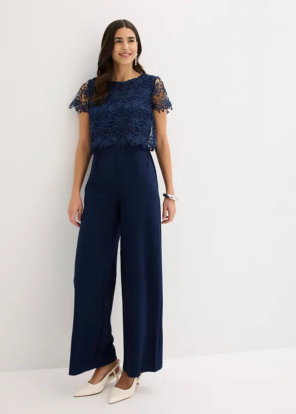 Jumpsuit i mykt scuba-materiale med blonder, bonprix