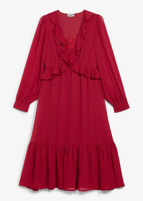 Chiffonkjole med blonde og volanger, bonprix
