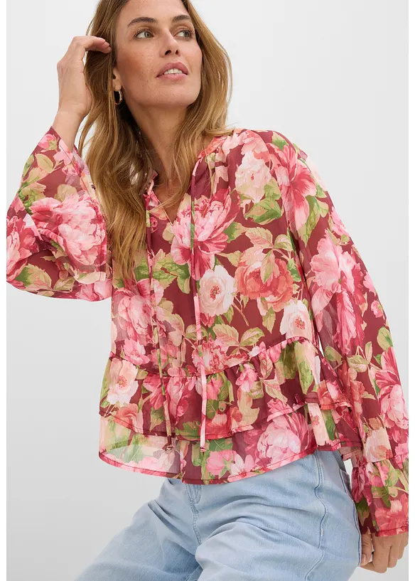 Chiffonbluse med volanger, bonprix