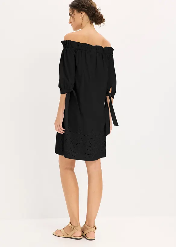 Off shoulder-kjole i 100% bomull med hullbroderi, bonprix
