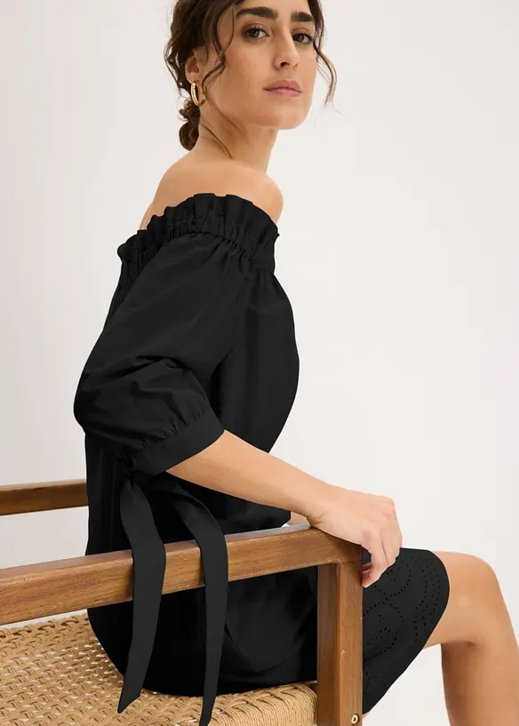 Off shoulder-kjole i 100% bomull med hullbroderi, bonprix