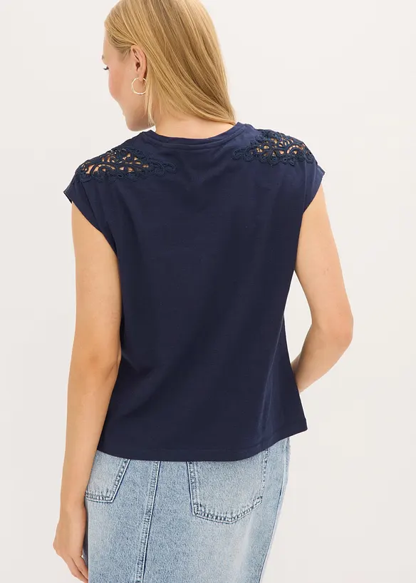 Topp i 100% bomull med innfelte blonder, bonprix